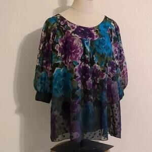 Joan Paul Richard blue and purple floral long sleeve blouse size XL